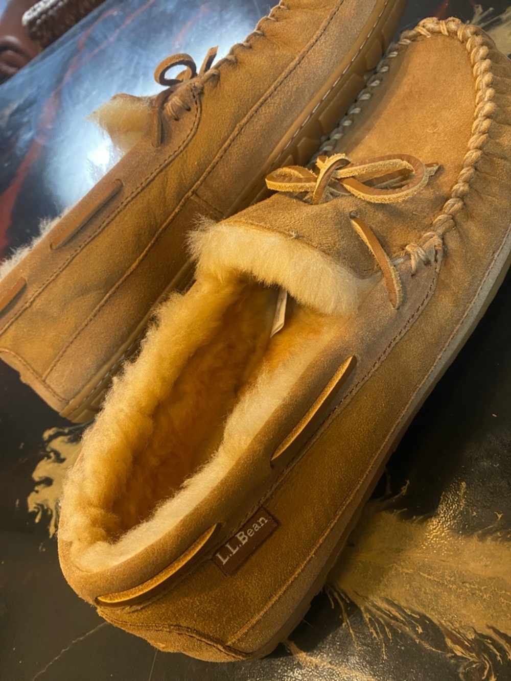 L.L. Bean Men’s Chestnut Suede Shearling-Lined Moccasins